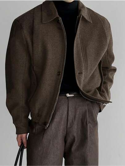 男士高品质厚重翻领羊毛混纺短款夹克，美式复古休闲时尚轻薄风衣，适合春秋冬季