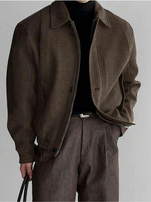 Men's High-Quality, Heavy-Weight Turndown Collar Wool Blend Short Jacket, American Vintage Casual Fashionable Lightweight Windbreaker, Suitable For Spring, Autumn And Winter