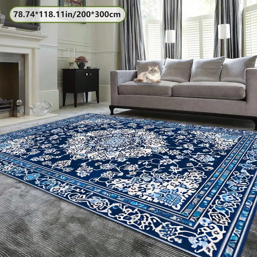 Alfombra de área con patrón floral exótico azul - 200.0 cm X 3.0 metros, respaldo antideslizante, lavable a máquina, 800 g/m², elegante alfombra decorativa para sala de estar, dormitorio, cocina, etc., alfombra de sala de estar - Multicolor - Ver 1