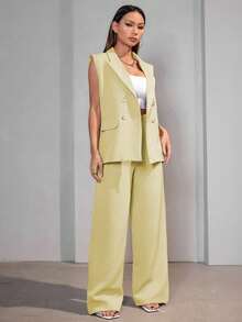 MODA MO, REF: AS-1347 Women's Casual Suit Vest | Elegant Tailored Set | Sophisticated Look | Women's 2-Piece Blazer | Refined Style | Versatile For Casual Or Formal Occasions | Size S, M, L | High Quality | Comfort And Style - 黃色 - 查看 4