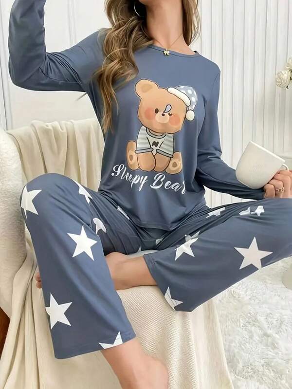 Blue Printed Long Sleeve & Pants Pajama Set For Women, Fall Clothes