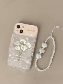 Shell Pattern Glitter Card + Heart Bracelet + Makeup Mirror + Floral TPU Phone Case Compatible With IPhone 11/12/13/14/14/15/15Pro/15Promax