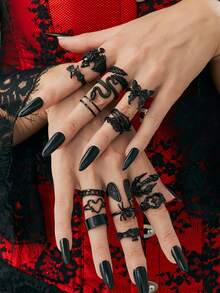 16 件/套朋克哥特风格戒指套装，多元素骷髅、蜘蛛、蝙蝠、十字架、心形戒指，趣味动物蛇形戒指，金属时尚嘻哈珠宝礼物，女士日常派对配饰，时尚珠宝，节日礼物 - 黑色 - 查看 9