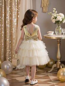 Vestido elegante de fiesta para niña con lazo de lentejuelas doradas y tul, falda de pastel, vestido de princesa, adecuado para fiestas de cumpleaños de niñas, galas de noche, ocasiones formales, vestido de niña de las flores para bodas - Champán - Ver 1