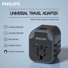 PHILIPS SPS1001A/93 通用快速充电适配器，二合一 USB-C 快速充电，小巧便携，旅行必备，可在多个国家和地区使用