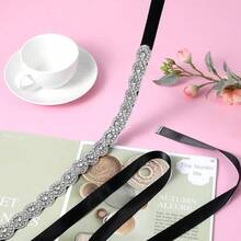 TIESOME Bridal Rhinestone Wedding Waist Belt, Handcrafted Bling Crystal Belts Adjustable Ribbon Belt For Women Jeans Dress - Màu be - Xem 7