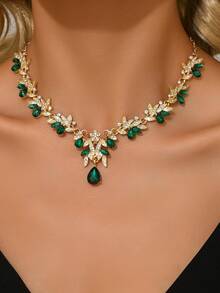 1pc Elegant Alloy Rhinestone & CZ Crystal Pendant Necklace, Women Bridal Jewelry, Party & Holiday Gift - Golden Green - View 6