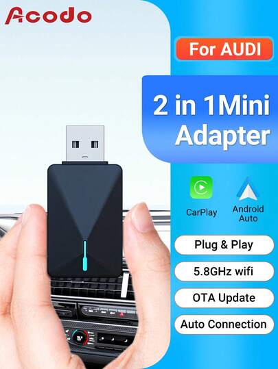  Acodo 2 în 1 Mini Carplay AI Box pentru mașini AUDI, cu fir CarPlay/Android Auto, cu fir la wireless 2,4 ~ 5,0 GHz WiFi5, elegant și portabil