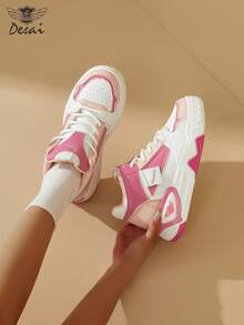 DESAI Women's Fashion Patchwork Sneakers, Casual Lightweight Lace-Up Student Running Shoes, Comfortable Flat Design Thick Sole Sports Shoes - Pink - View 5