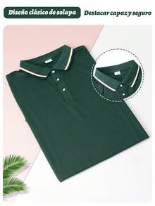 Camisa polo de manga corta a rayas de verano, casual y para commuter, para golf, para hombres, Camiseta polo diaria sencilla de unicolor para hombre,ideal para desplazamientos - Verde oscuro - Ver 5