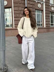 2026 Nuovo Maglione casual elegante da donna con spalle a goccia, collo a girocollo a costine, maniche lunghe, adatto per uso casual, top eleganti, concerti, streetwear, look da rientro a scuola - Albicocca - Visualizzare 4