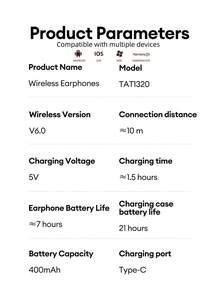 PHILIPS 飞利浦 TAT1320 极简蓝牙耳机，半入耳式，降噪，360° 环绕声，游戏和音乐，低延迟，电池寿命长，佩戴舒适，无线耳塞兼容智能手机和电脑