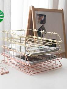 Metal A4 Paper Tray Organizer, 2pcs Stackable Rose Gold File Holder For Desk - Horizontal Document Storage Box, Mail Sorter, Letter Tray For Office, School & Home Use