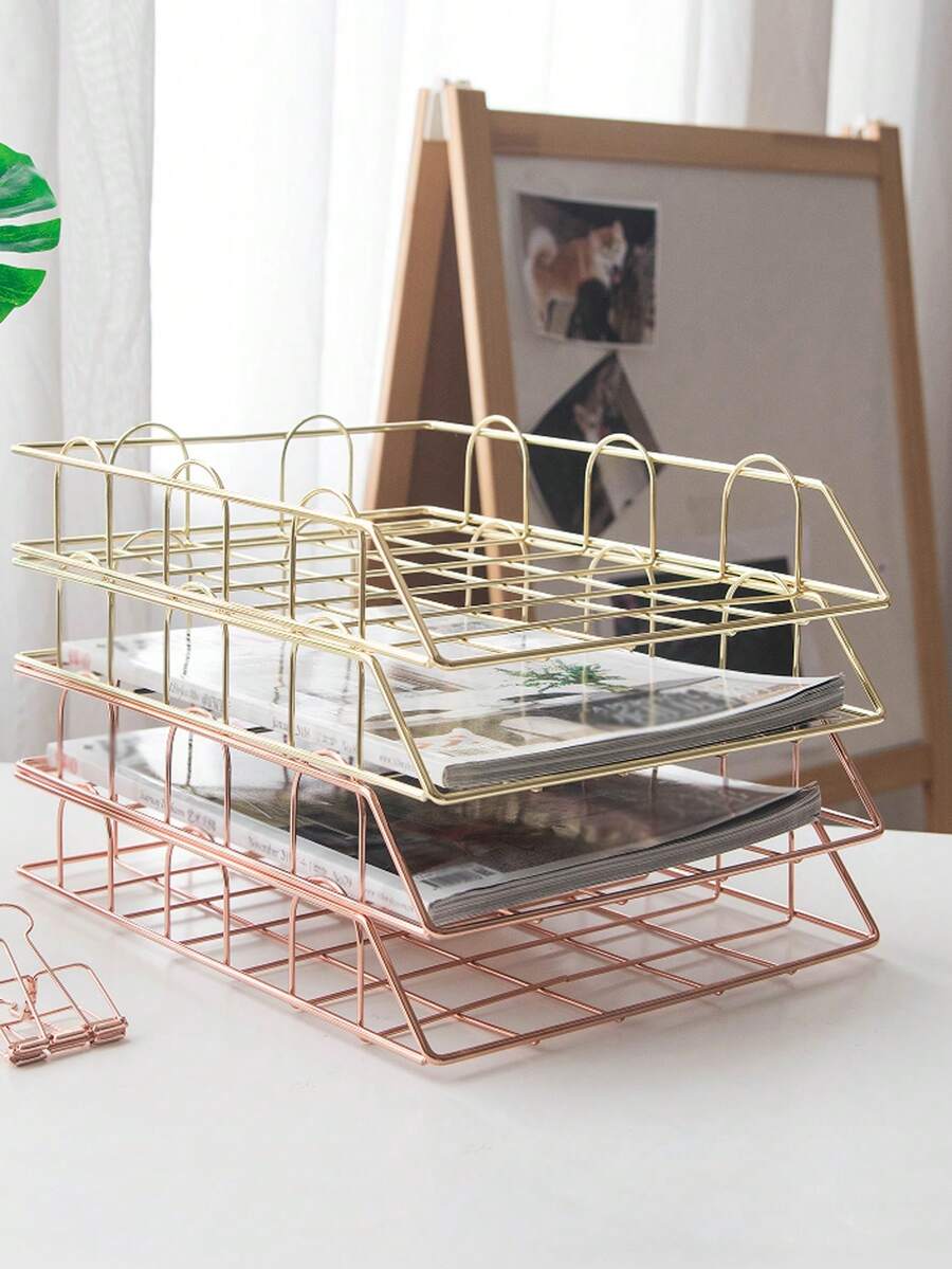 Metal A4 Paper Tray Organizer, 2pcs Stackable Rose Gold File Holder For Desk - Horizontal Document Storage Box, Mail Sorter, Letter Tray For Office, School & Home Use
