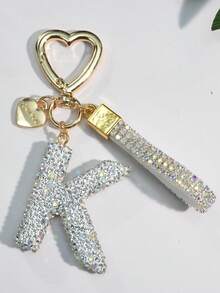1pc White Ceramic Rhinestone Letter Keychain, Cute Personalized Bag/Car Key Chain, Simple Heart Decor For Mom, Friends, Valentine's Day Halloween Accessories Teachers Day Christmas Gift Ideas Bag Accessories Lanyards With Id Holder Car Accessories Bag Charms