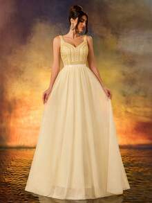 Women's Sequins Sparkling A Swing Dress Elegant V-Neck Tulle Flutter Evening Dress For Wedding Guest Formal Evening Birthday Party - Gold - View 7