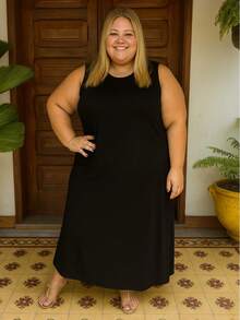 Women's Plus Size Midi Dress, Casual, Unilateral Slit, Cotton Mesh, Evangelical Fashion, Evening, Holiday, Travel - 黑色 - 查看 7