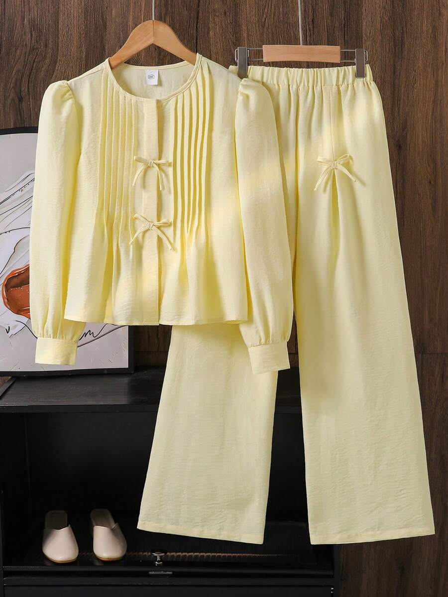 Left Mama Girls Casual Pleated Bow Long Sleeve Top And Straight Leg Pants Set, Spring/Autumn - Yellow - View 1