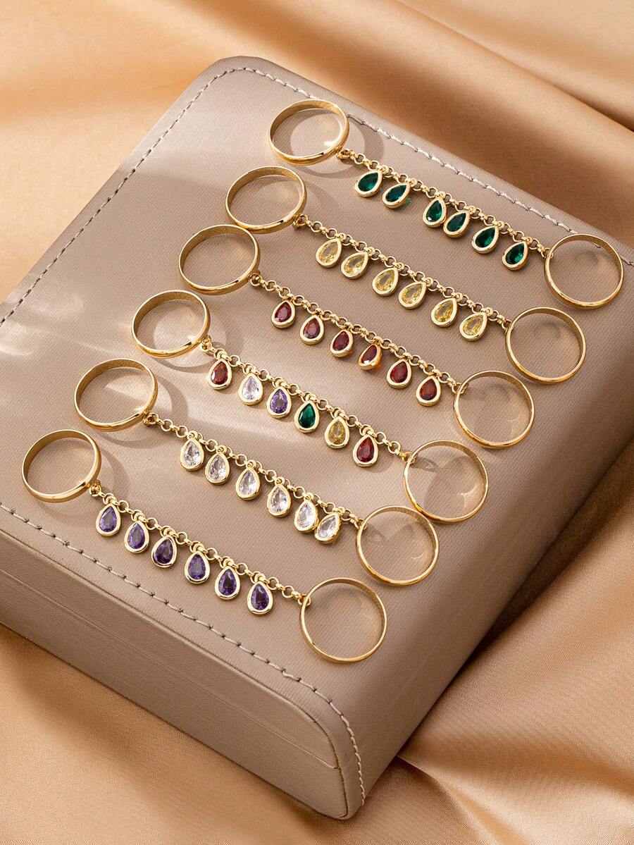 1pc Fashion Copper Zirconia Stone Linked Finger Ring With Dangling Rhinestone Chain, Women's Jewelry For Wedding, Party, Wedding Season Gift