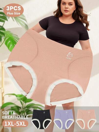 MEIYATING 3pcs Plus Size Women High Waist Seamless Striped Panties, Tummy Control & Butt Lift