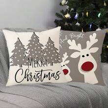 4 件套圣诞主题枕套，圣诞快乐、驯鹿、雪人、松树设计，简单的桃色天鹅绒单面印花靠垫套，拉链开合，不含枕芯，条纹装饰枕套，适合圣诞节、冬季假期，适用于沙发、床、椅子、卧室、客厅、露台装饰 - 灰色 - 查看 8