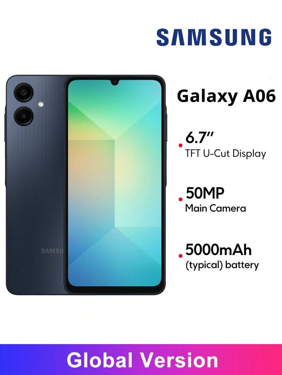 三星 Galaxy A06 4G 智能手机全球版 6.7 英寸大尺寸 HD+ 显示屏 50MP 三摄像头 5000mAh 长效电池 侧面指纹解锁 USB Type-C *无充电器