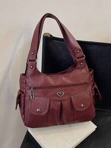 1 chiếc túi xách cổ điển dung tích lớn, túi đeo chéo PU cổ điển, túi tote thường ngày cho nữ & ví - Màu Đỏ Sâu - Xem 12