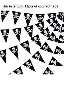 15pcs/Set 5m/20pcs 10m Long Pirate Banner, Halloween Pirate Theme Decoration, Pirate Skull Triangle Flags, Birthday Party Supplies