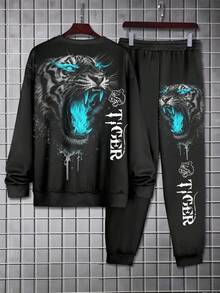 2 piezas Conjunto deportivo de talla grande para hombres con cabeza de tigre de llama azul - Sudadera casual de cuello redondo y pantalones, estilo urbano, otoño/invierno