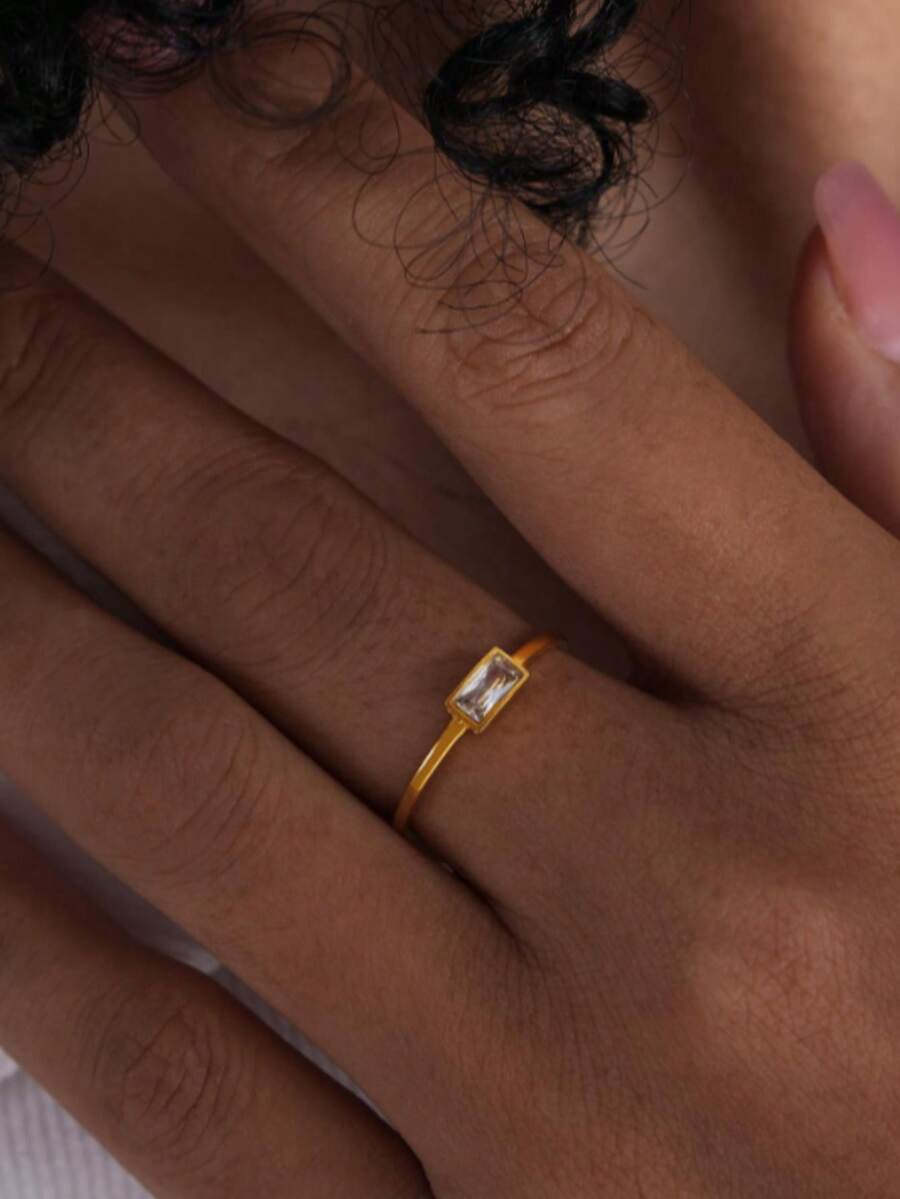 1pc French Fashionable Luxury Vintage Inlaid Square Zirconia Stainless Steel Ring Accessory, Multi-Size & Multi-Color
