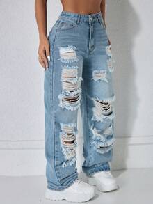 Jeans rectos de cintura alta con bolsillos laterales y abertura, estilo vintage Y2K, casual de primavera - Azul - Ver 5