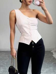 Blusa casual y elegante sin mangas, Diseño Asimétrico Rayado olsillos Falsos Decorativos para Looks Casual -- Chic, botones frontales decorativos para citas, fiestas, vacaciones, meriendas de té y cumpleaños- Tallas corren pequeñas - Beis - Ver 7