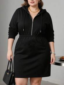 Sudadera con capucha, cintura ajustable con cordón y cremallera, manga larga, estilo informal vestido para mujer Vestidos cortos de mujer - Negro - Ver 3