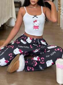 Sanrio 【奇幻世界】2件套Hello Kitty印花女士吊带露脐上衣+弹力腰直筒裤可爱睡衣套装 - 白色 - 查看 8
