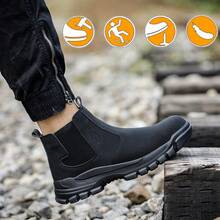 [Industrial Safety Boots] Heavy-Duty Industrial Safety Boots | Men's & Women's Slip-Resistant Anti-Puncture Work Shoes With Steel Toe Cap, Slip-On MD/Rubber Outsole - All-Season Construction, Warehouse, Factory Footwear - 黑色 - 查看 7