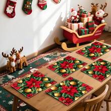 1 set/1 pieza/4 piezas/6 piezas Manteles individuales con estampado de flores de acebo navideñas, lavables a máquina, de poliéster rectangular, protectores de mesa, manteles individuales termoaislantes, decoraciones de mesa de restaurante, suministros para fiestas, decoraciones navideñas que pueden regalarse