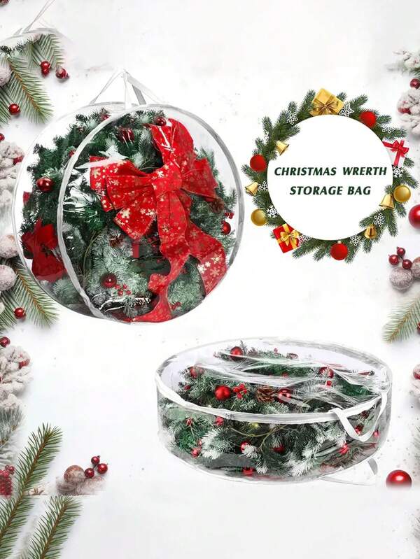 61cm Christmas Wreath Storage Bag, Clear Xmas Wreath Container, Garland Artificial Wreath Holder,Transparent PVC, With Handles, Multi-Purpose Holiday Decor Storage, Home Kitchen Decor Supplies,PVC High Quality Plastic With Dual Zipper & Sturdy Handles, Circular Wreath Container For Holiday Decor, Multi-Purpose Year-Round Use, Festive Design, Zipper Closure, Ornament Storage Bag