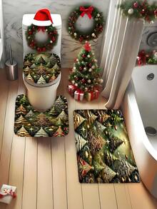 1 pieza/4 piezas Juego de baño de árbol de Navidad verde oscuro, incluye cortina de ducha, alfombra de inodoro, alfombra de baño, etc. Hecho de tela de poliéster impermeable y duradera. Decorado con patrones de árbol de Navidad, estrellas y copos de nieve. Adecuado para agregar un ambiente navideño al baño, especialmente para la temporada navideña.