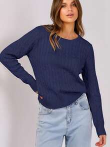 White Women's Long Sleeve Knit Solid Color Casual Ribbed Beach Sweater - Navy Blue - View 3