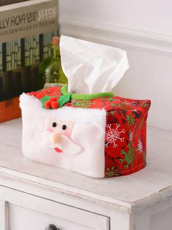 1pc Festive Santa Claus Tissue Storage Bag - Red & Green Non-Woven Fabric Christmas Decor With Snowflake & Holly Design , Rectangular Tabletop Ornament For Holiday Home Ambiance, Christmas Decorations