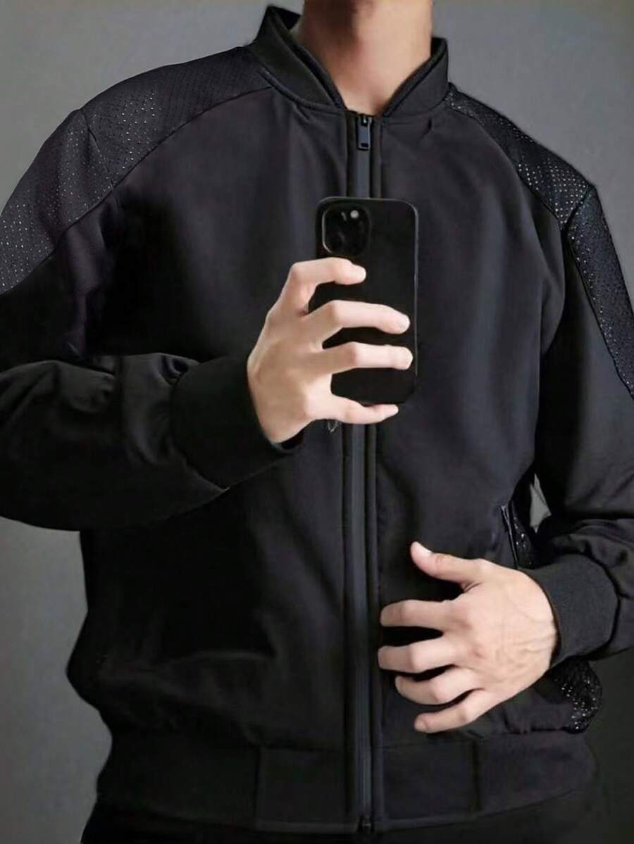 1 pezzo Giacca da baseball con collo alto da uomo per autunno/inverno, casual e versatile, stile streetwear, vestibilità morbida, adatta per escursioni all'aperto, bomber nero