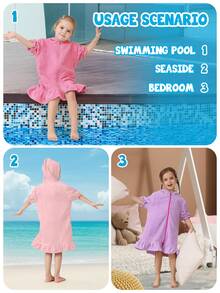 1pc Girls' Hooded Zip-Up Swim Cover-Up, Cute Puff Sleeve With Skirt, Available In Multiple Ages, Absorbent Towel Fabric, Suitable For Toddlers And Children, Essential For Home, Swimming, And Bathing