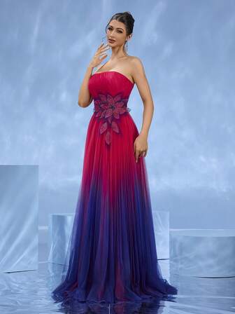 DELLA COUTURE 优雅奢华的红蓝渐变串珠亮片贴花露肩及地晚礼服，非常适合宴会、婚礼、舞会和派对等正式场合。