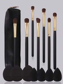 7pcs Animal Hair Eye Makeup Brushes Set + 4pcs Mini Black Makeup Sponge + 3pcs Thumb Makeup Sponges + Stylish Zipper Pouch, Soft Powder Pickup, Beginner Friendly, Affordable Portable Makeup Tools Set