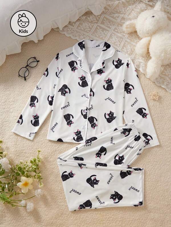 Conjunto de 2 peças de cardigan de manga comprida com calças e estampa de gatinho casual para meninas adolescentes