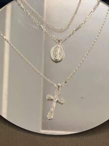 3 Layer Necklace Oval-Shaped Virgin Mary Madonna Pendant Jesus Cross Metal Plated Chain Women Gift