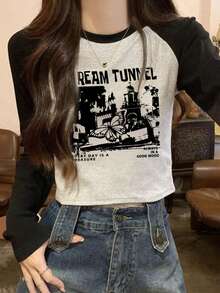 秋冬新款女式小码修身拼色圆领休闲印花T恤，简约百搭长袖上衣 - 黑灰 - 查看 6