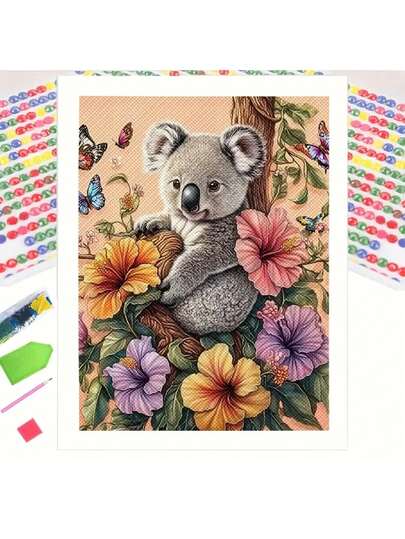 5D DIY Ensemble de peinture de diamant ronde complète de koala avec outils, motif animal, canevas d'art, décoration murale sans cadre, décoration de la maison, cadeau
