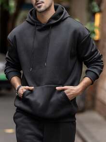 Men's Solid Color Drop Shoulder Long Sleeve Drawstring Hoodie And Sweatpants Casual Loose Suit Set, Autumn