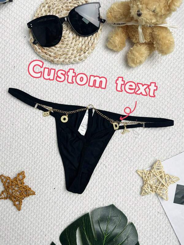1 Set de lencería sexy personalizada para mujer, tanga sexy con cadena hueca, letras de diamante personalizadas, letras en inglés de combinación libre, estilo de letra personalizado, bragas con corazón rosa, regalo del Día de San Valentín, ropa interior del Día de San Valentín, regalo de pareja